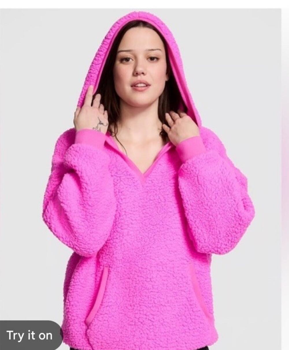 Victoria's Secret PINK Fleece Pullover Sherpa Hoodie Sweatshirt Pink XS